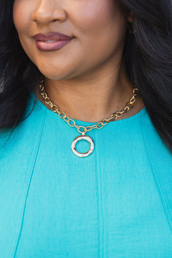 Chic Soul plus size clothing, gold chain necklace with gold circle pendant in the middle of the necklace