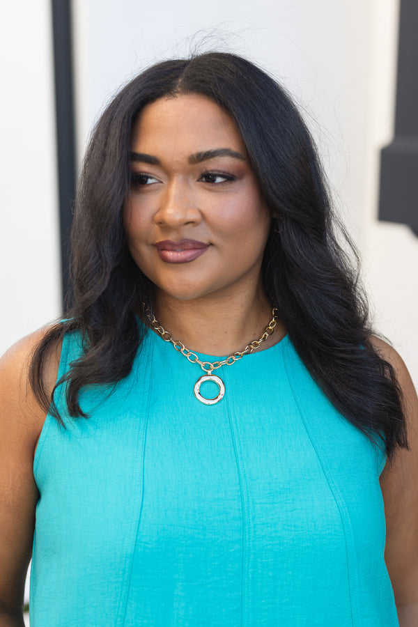 Chic Soul plus size clothing, gold chain necklace with gold circle pendant in the middle of the necklace