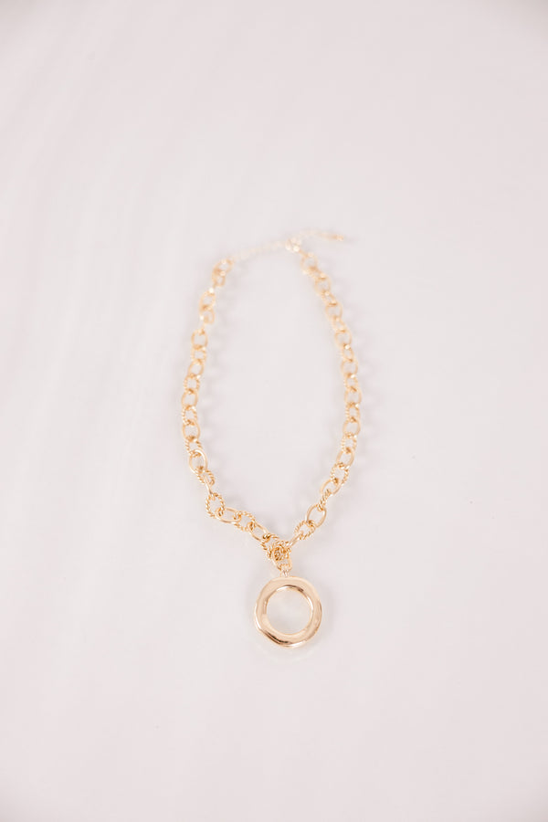Chic Soul plus size clothing, gold chain necklace with gold circle pendant in the middle of the necklace