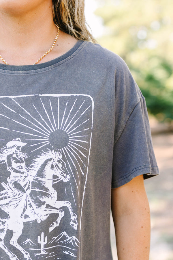 Plus Size charcoal t-shirt dress with a white western ace of hearts graphic and relaxed fit.