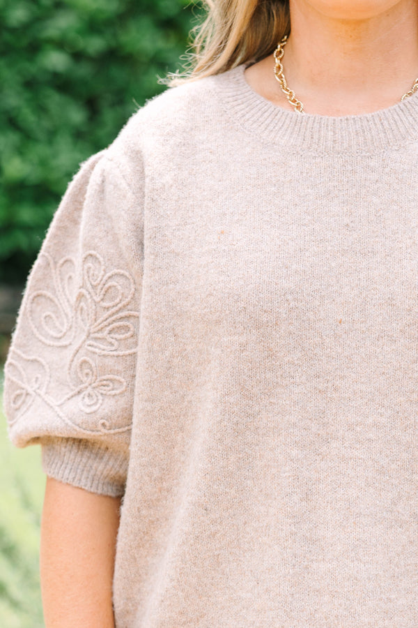 Plus size taupe short sleeve sweater with tonal floral embroidery on sleeves