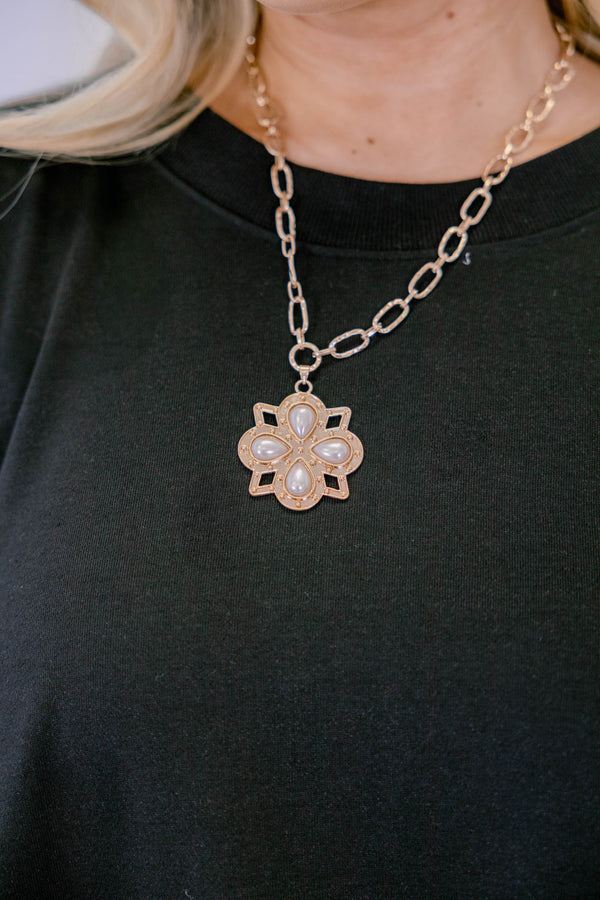 Chic Soul plus size necklace, gold clover pendent necklace with pearl details that is attached to a gold link chain 