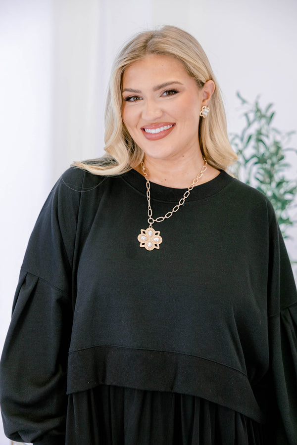 Chic Soul plus size necklace, gold clover pendent necklace with pearl details that is attached to a gold link chain 