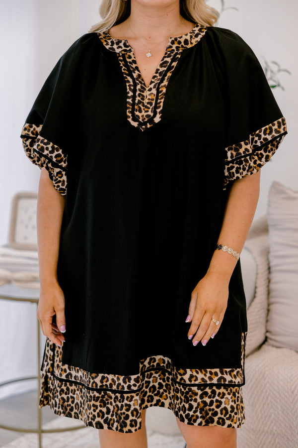 Chic Soul plus size clothing, black short puff sleeve v neck dress with leopard print trim around the neckline, sleeves, and hem