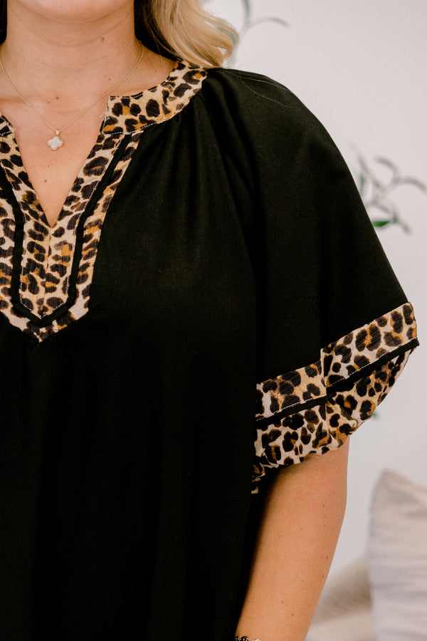 Chic Soul plus size clothing, black short puff sleeve v neck dress with leopard print trim around the neckline, sleeves, and hem