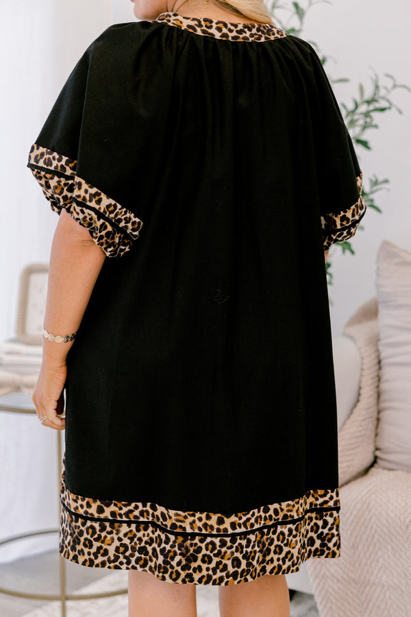 Chic Soul plus size clothing, black short puff sleeve v neck dress with leopard print trim around the neckline, sleeves, and hem