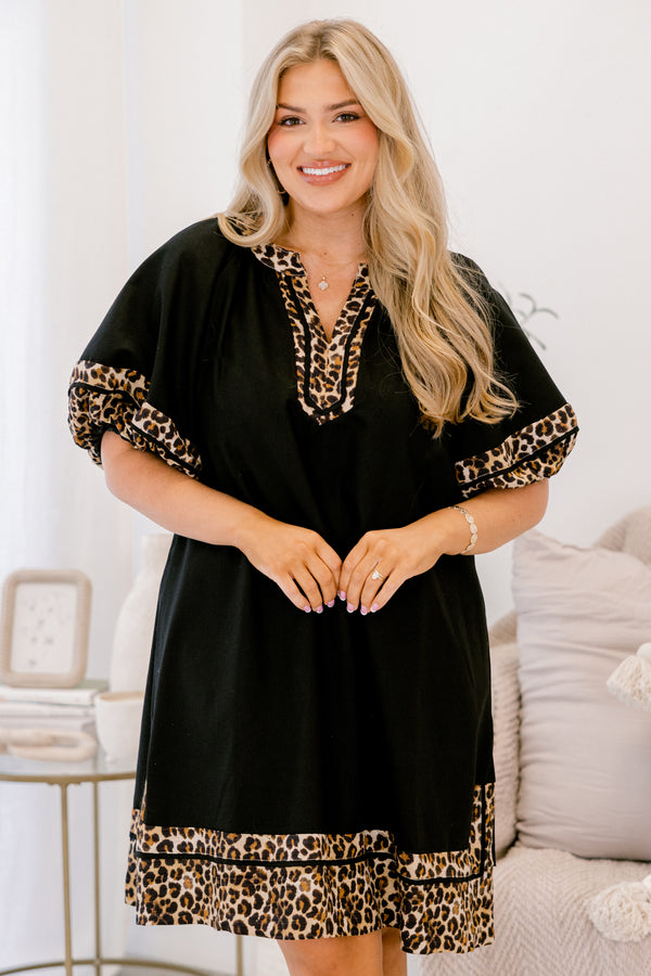 Chic Soul plus size clothing, black short puff sleeve v neck dress with leopard print trim around the neckline, sleeves, and hem