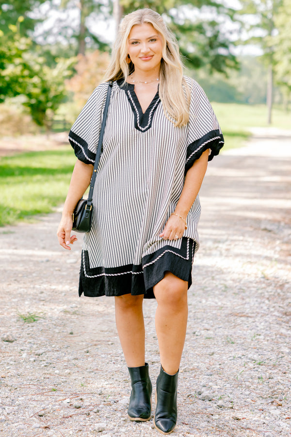 Chic Soul plus size clothing, short puff sleeve black and white striped short dress with v-neck and bold back trim around collar, sleeves, and hem 