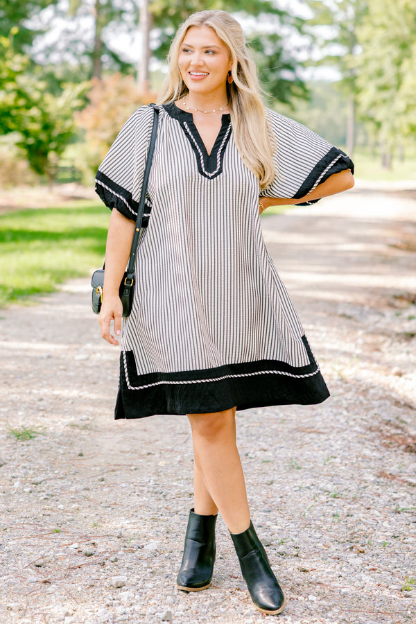 Chic Soul plus size clothing, short puff sleeve black and white striped short dress with v-neck and bold back trim around collar, sleeves, and hem 
