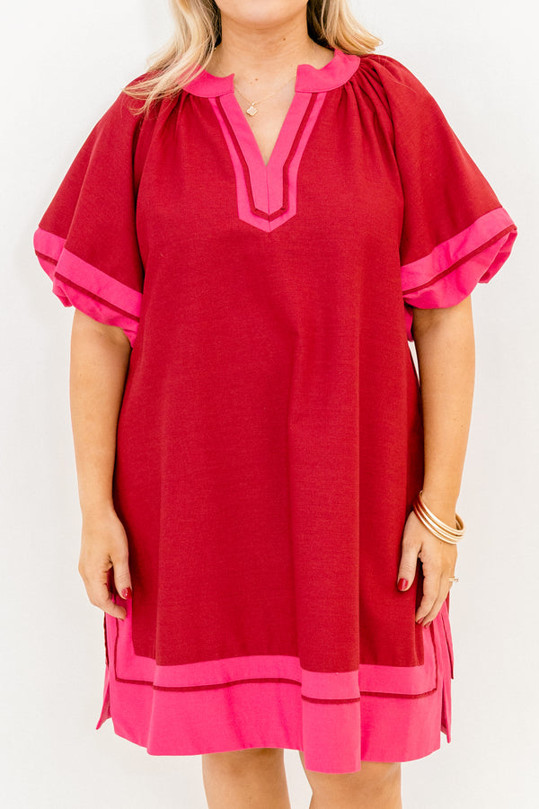 Chic Soul plus size clothing, burgundy short puff sleeve maxi dress with pink trim around the sleeves, hem, and v neckline