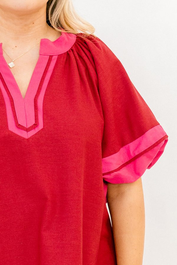 Chic Soul plus size clothing, burgundy short puff sleeve maxi dress with pink trim around the sleeves, hem, and v neckline