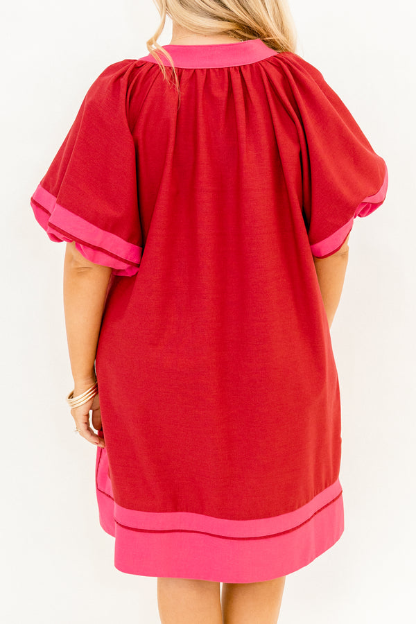 Chic Soul plus size clothing, burgundy short puff sleeve maxi dress with pink trim around the sleeves, hem, and v neckline