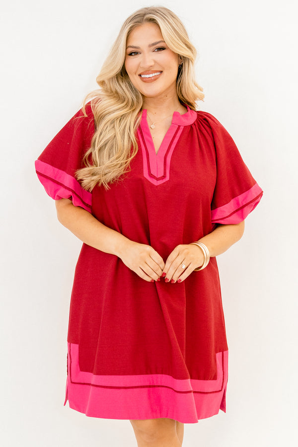 Chic Soul plus size clothing, burgundy short puff sleeve maxi dress with pink trim around the sleeves, hem, and v neckline