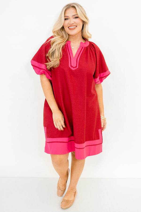 Chic Soul plus size clothing, burgundy short puff sleeve maxi dress with pink trim around the sleeves, hem, and v neckline
