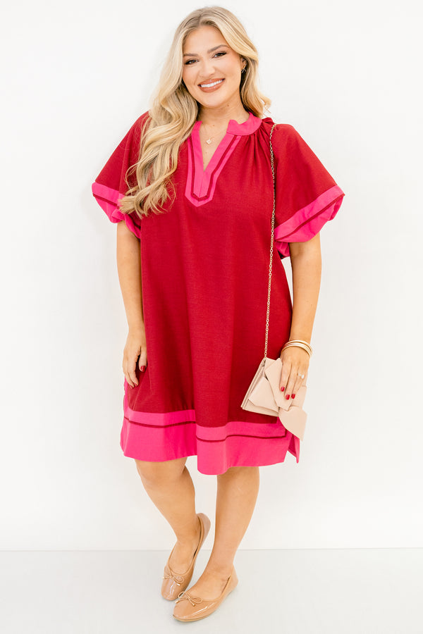 Chic Soul plus size clothing, burgundy short puff sleeve maxi dress with pink trim around the sleeves, hem, and v neckline