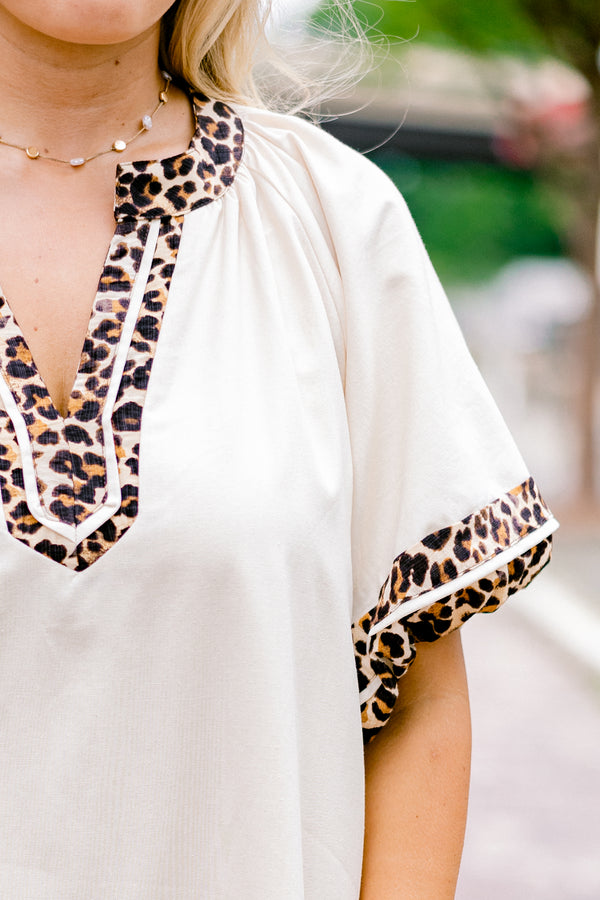 Chic Soul plus size clothing, white short puff sleeve dress with leopard print trim