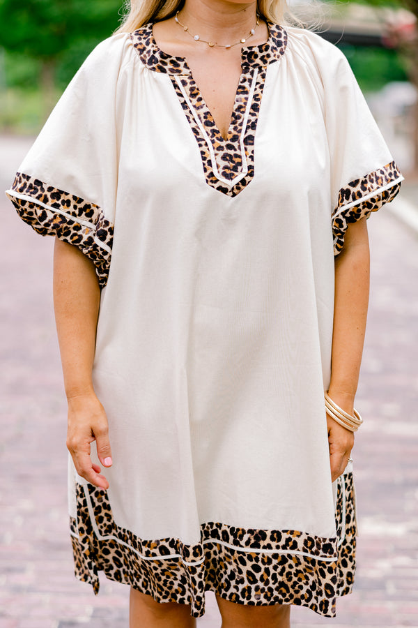 Chic Soul plus size clothing, white short puff sleeve dress with leopard print trim