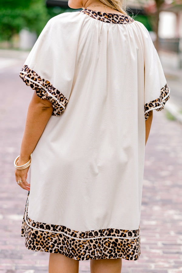 Chic Soul plus size clothing, white short puff sleeve dress with leopard print trim