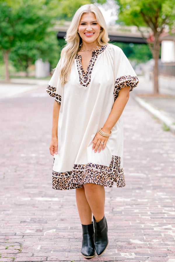 Chic Soul plus size clothing, white short puff sleeve dress with leopard print trim