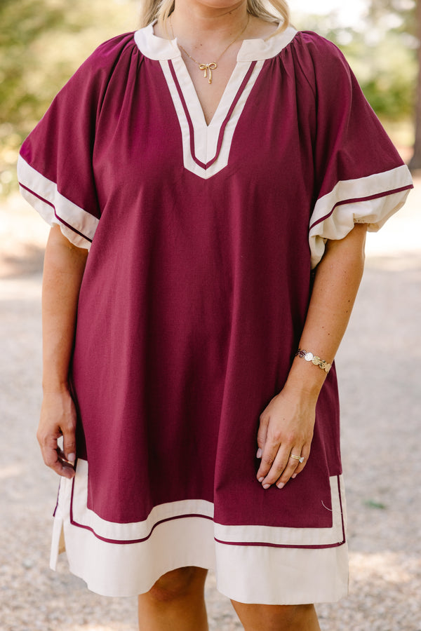 Chic Soul plus size clothing, wine red short puff sleeve maxi dress with white trim around the sleeves, hem, and v neckline