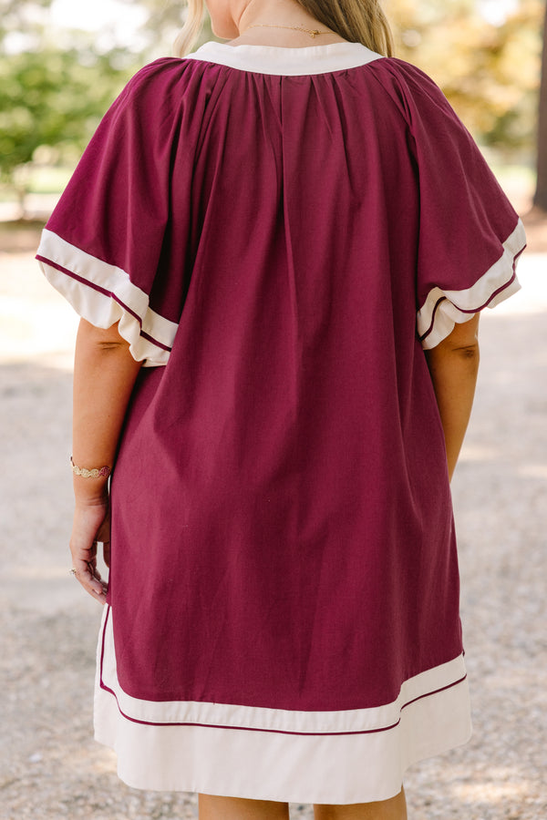Chic Soul plus size clothing, wine red short puff sleeve maxi dress with white trim around the sleeves, hem, and v neckline