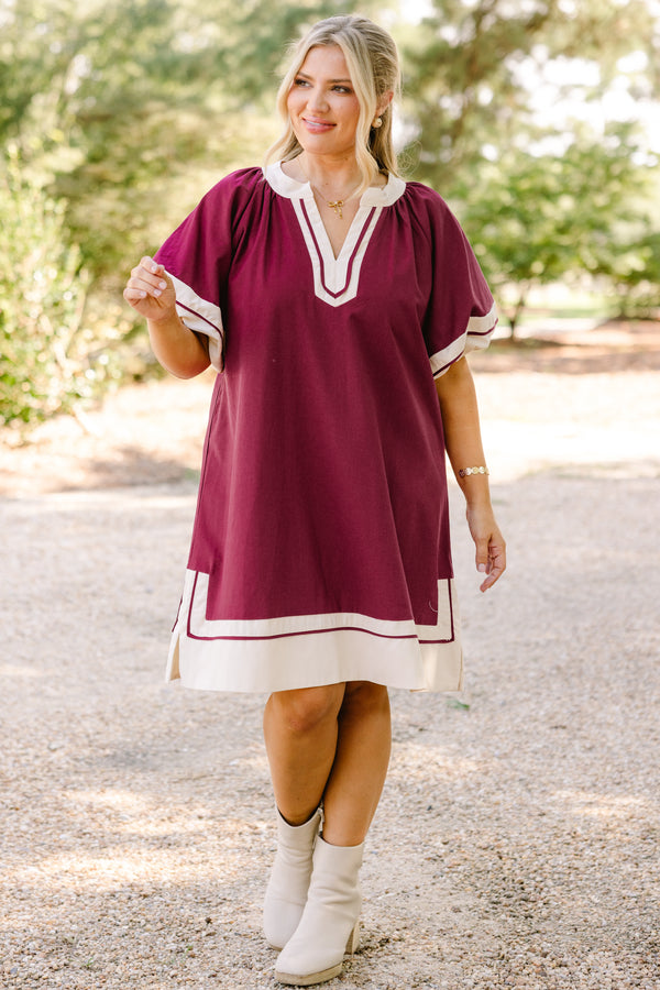 Chic Soul plus size clothing, wine red short puff sleeve maxi dress with white trim around the sleeves, hem, and v neckline