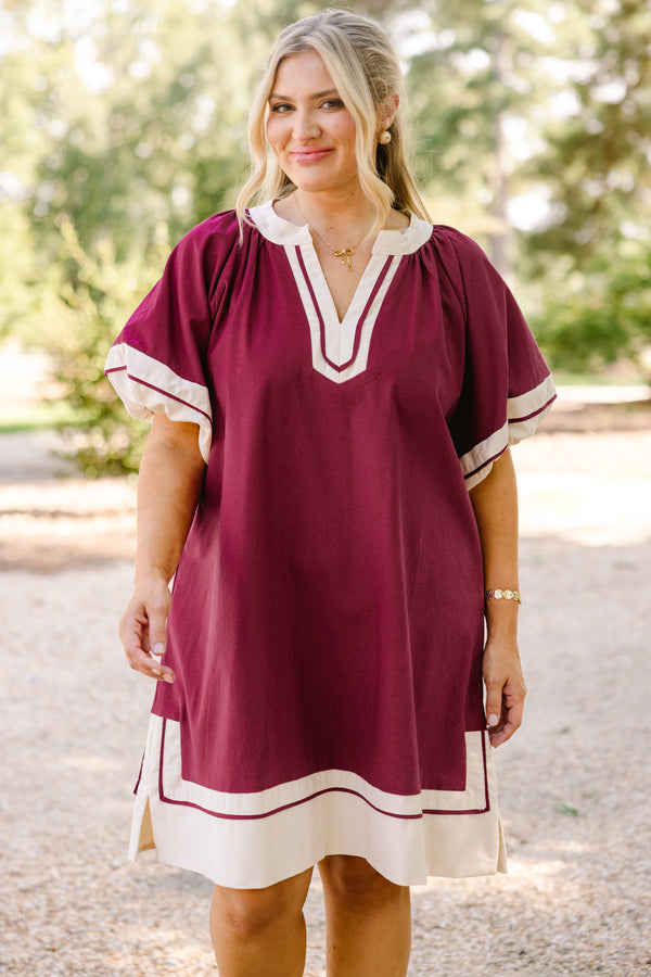 Chic Soul plus size clothing, wine red short puff sleeve maxi dress with white trim around the sleeves, hem, and v neckline