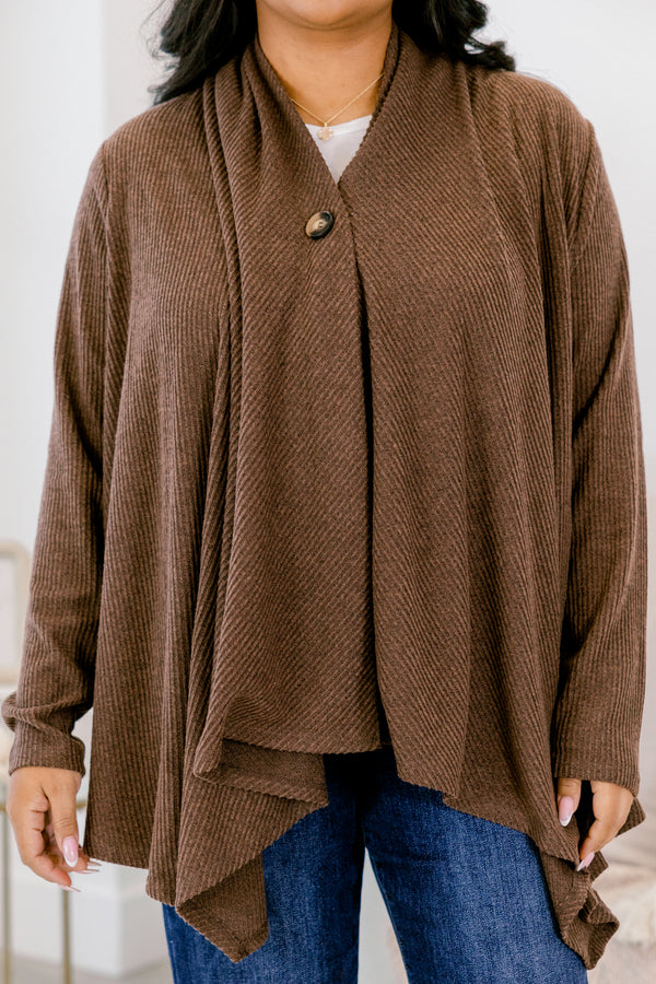 Chic Soul plus size clothing, dark brown long sleeve single button flowy cardigan