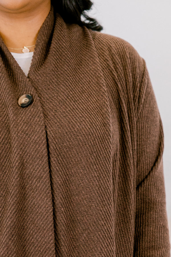 Chic Soul plus size clothing, dark brown long sleeve single button flowy cardigan