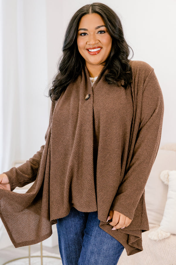 Chic Soul plus size clothing, dark brown long sleeve single button flowy cardigan