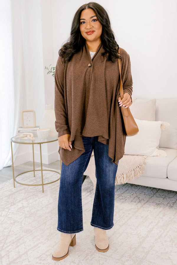 Chic Soul plus size clothing, dark brown long sleeve single button flowy cardigan