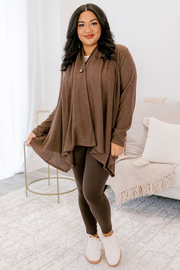 Chic Soul plus size clothing, dark brown long sleeve single button flowy cardigan