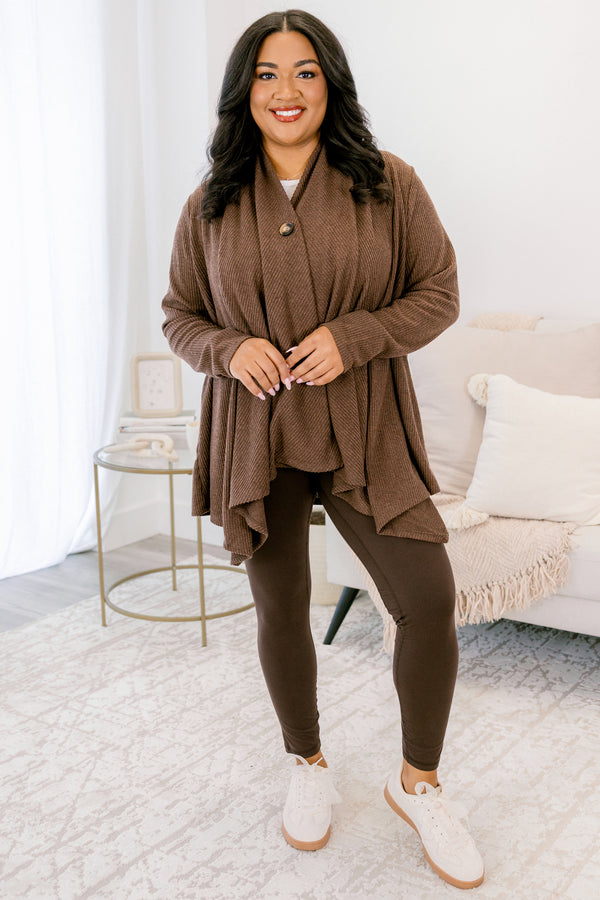 Chic Soul plus size clothing, dark brown long sleeve single button flowy cardigan