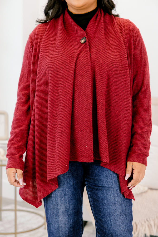 Chic Soul plus size clothing, wine red long sleeve single button flowy cardigan
