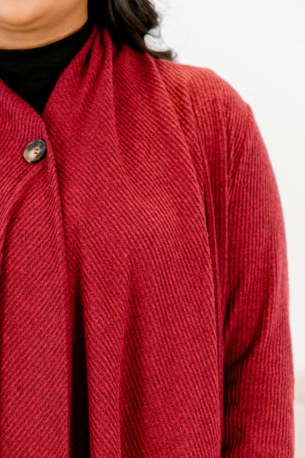 Chic Soul plus size clothing, wine red long sleeve single button flowy cardigan
