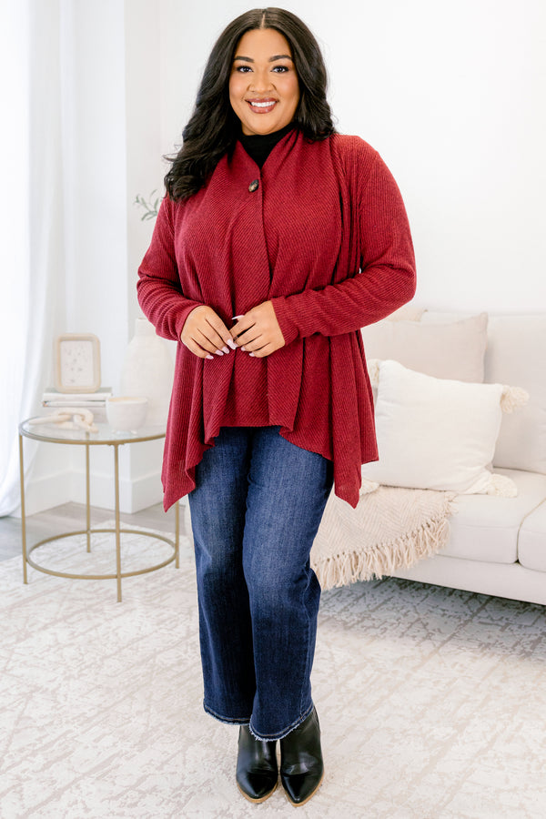 Chic Soul plus size clothing, wine red long sleeve single button flowy cardigan