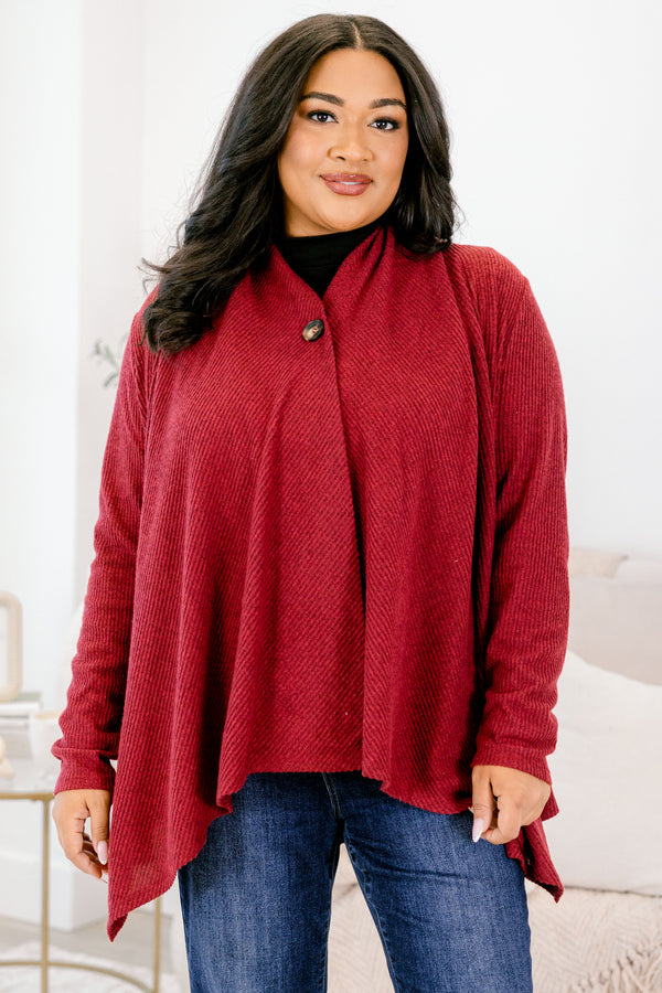 Chic Soul plus size clothing, wine red long sleeve single button flowy cardigan
