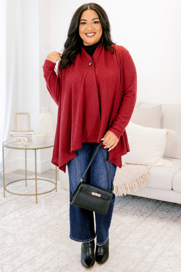 Chic Soul plus size clothing, wine red long sleeve single button flowy cardigan