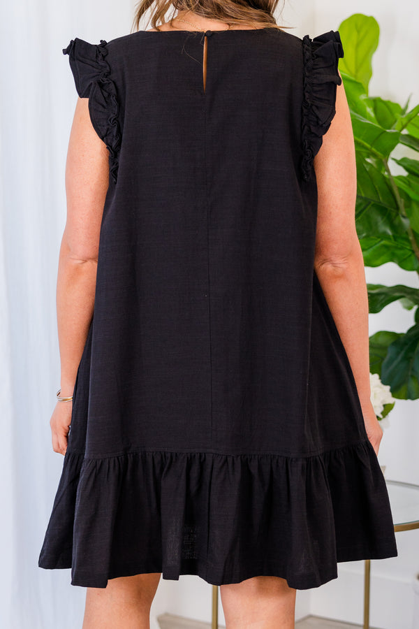 Chic Soul plus size clothing, flowy black sleeveless dress with ruffles