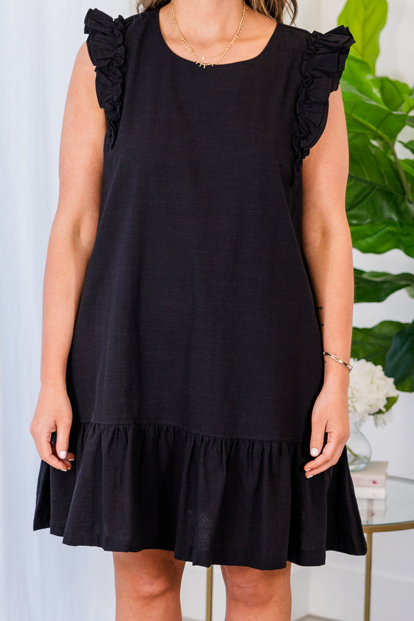 Chic Soul plus size clothing, flowy black sleeveless dress with ruffles