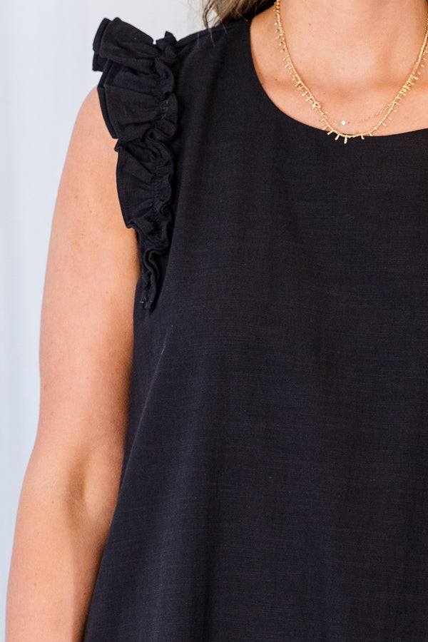 Chic Soul plus size clothing, flowy black sleeveless dress with ruffles