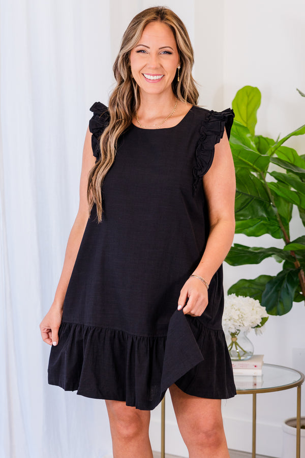 Chic Soul plus size clothing, flowy black sleeveless dress with ruffles