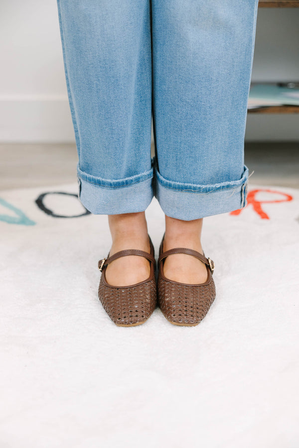 Plus Size brown woven Mary Jane flats with a buckled strap