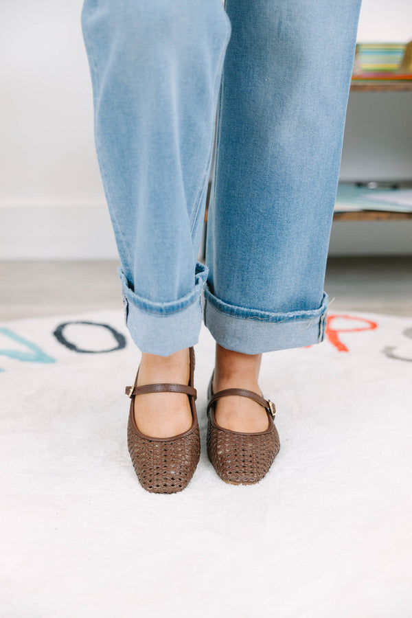 Plus Size brown woven Mary Jane flats with a buckled strap
