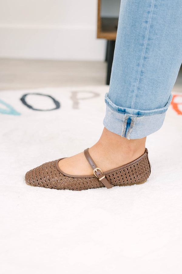 Plus Size brown woven Mary Jane flats with a buckled strap