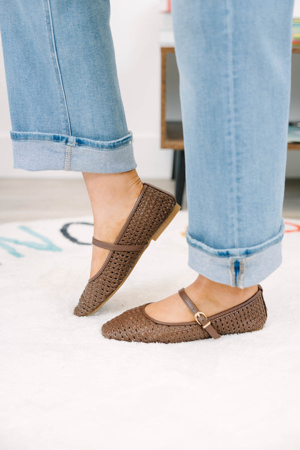 Plus Size brown woven Mary Jane flats with a buckled strap