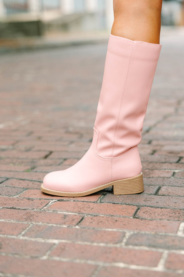 Plus Size pink knee-high boots with a side zipper, rounded toe, and low stacked heel.