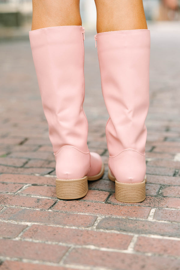 Plus Size pink knee-high boots with a side zipper, rounded toe, and low stacked heel.