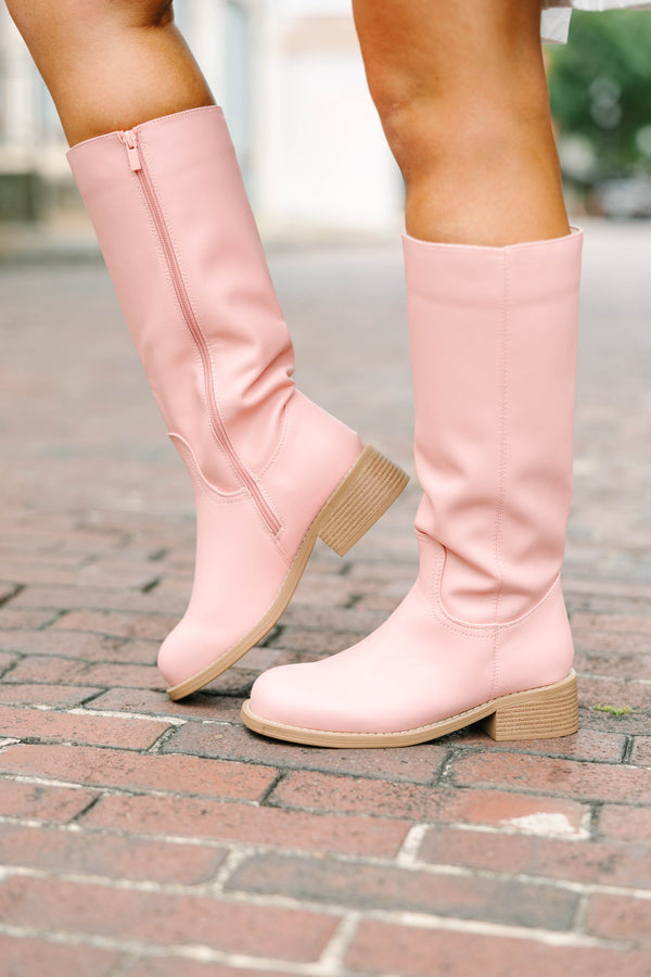 Plus Size pink knee-high boots with a side zipper, rounded toe, and low stacked heel.