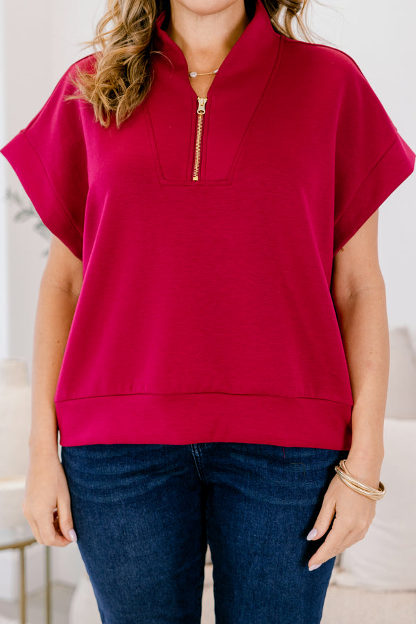 Chic Soul plus size clothing, cabernet red short sleeve quarter zip collared top